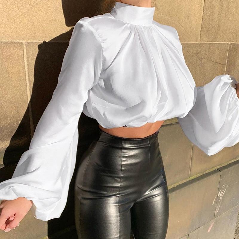 Satin turtleneck top deals